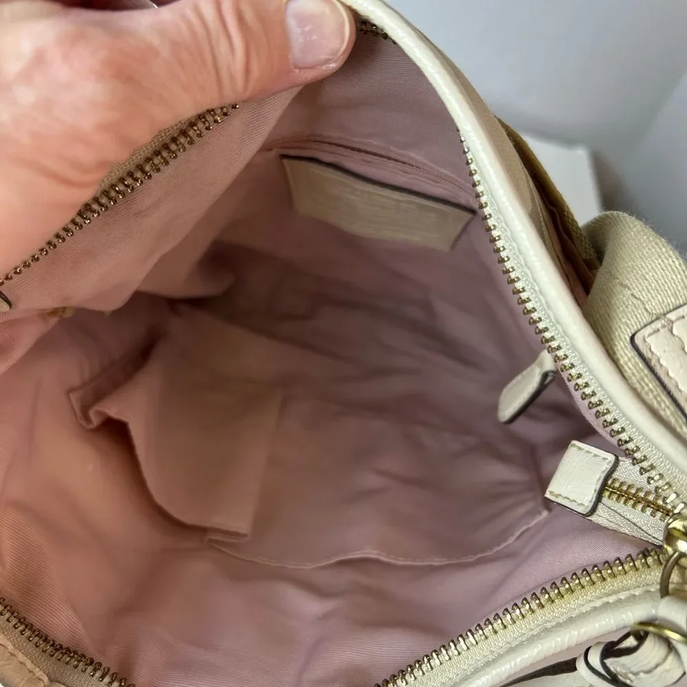 Coach F21905 Cream and Tan Signature Leather Detail Stripe Duffle Crossbody Bag